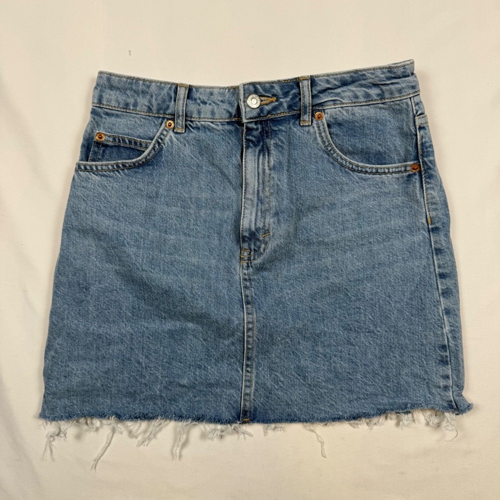Topshop Denim Mini Skirt Blue Raw Hem A Line Size US 6 Made in Turkey